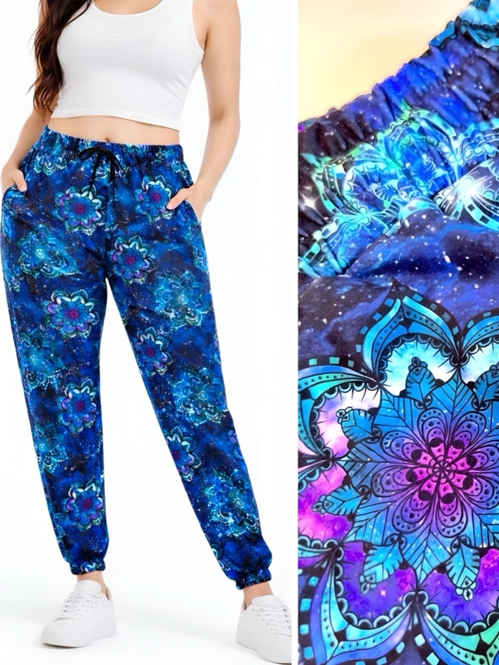 JAAM Bohemian Blue Mandala Jogger Leggings w Pockets Elastic Drawstring Waist